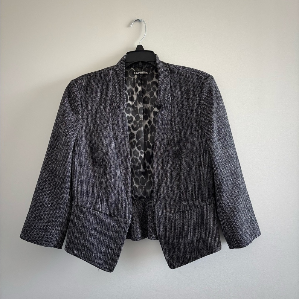 Y2K Express Blazer Black White Tweed Chevron Open Jacket Womens 6 Office Career